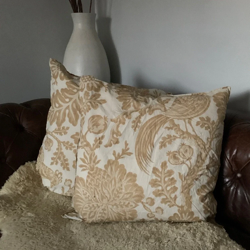 Pottery Barn euro pillow accent home decor linen blend tan beige floral set of 2